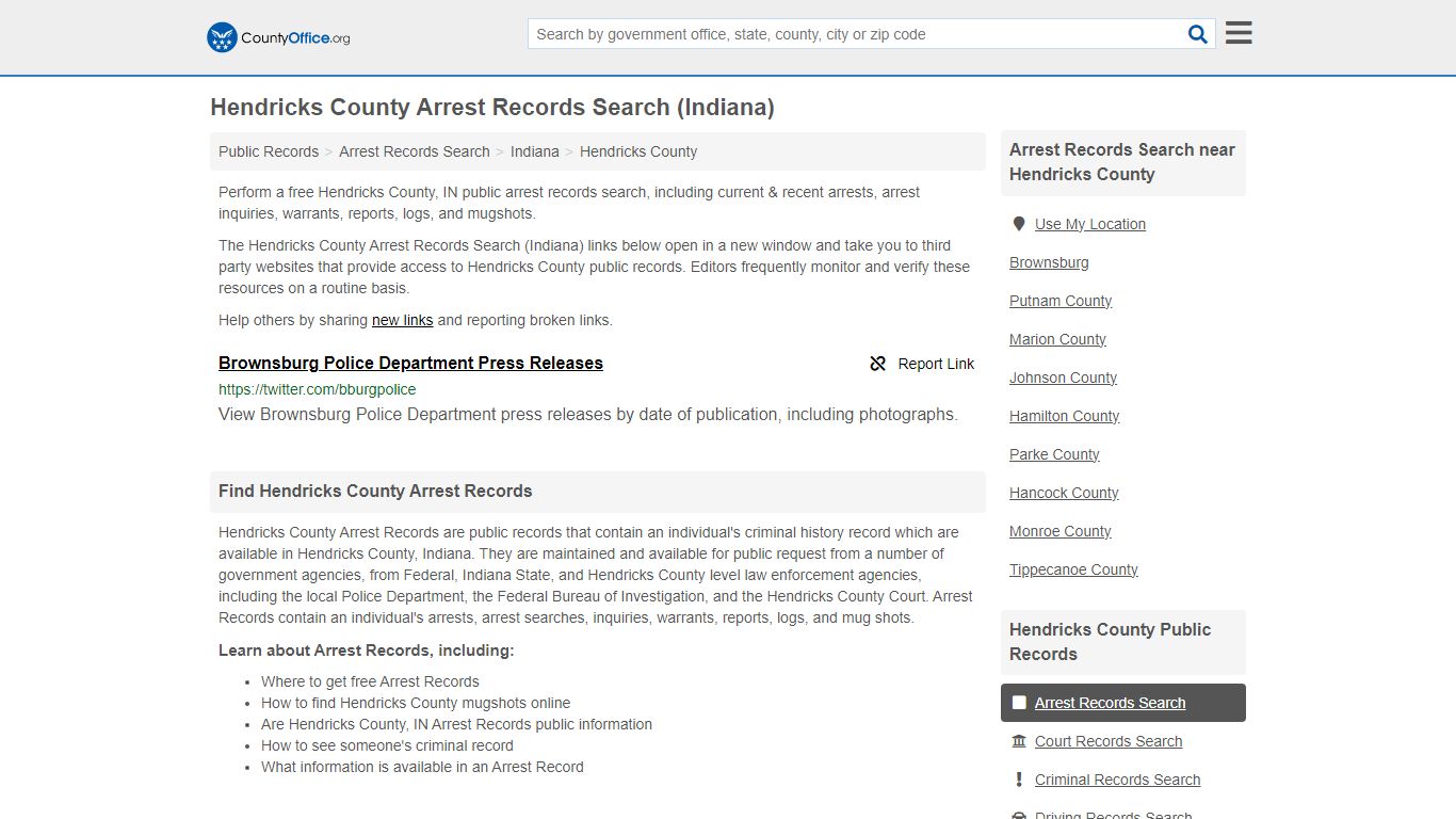 Hendricks County Arrest Records Search (Indiana) - County Office